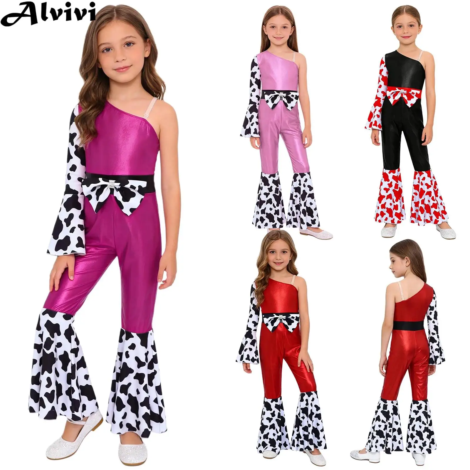 Kids Girls 70-80s Disco Dance Jumpsuit Halloween Carnival Western Cowgirl Hippie Cosplay Costume Metallic Gloss Flare Bodysuit