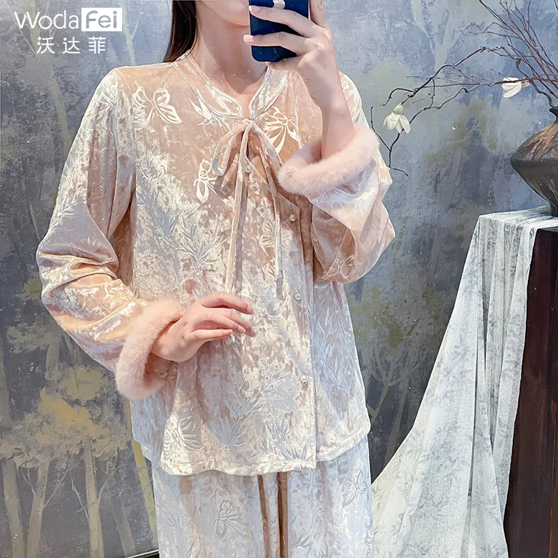 New Chinese Style Velvet Pajamas for Autumn and Winter High-end Home Wear Long Sleeves Two Piece Set Pajamas