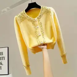 Bead-encrusted Rhinestones Round Neck Single-breasted Long-sleeved Sweater Cardigan Commuter Temperament Versatile Top