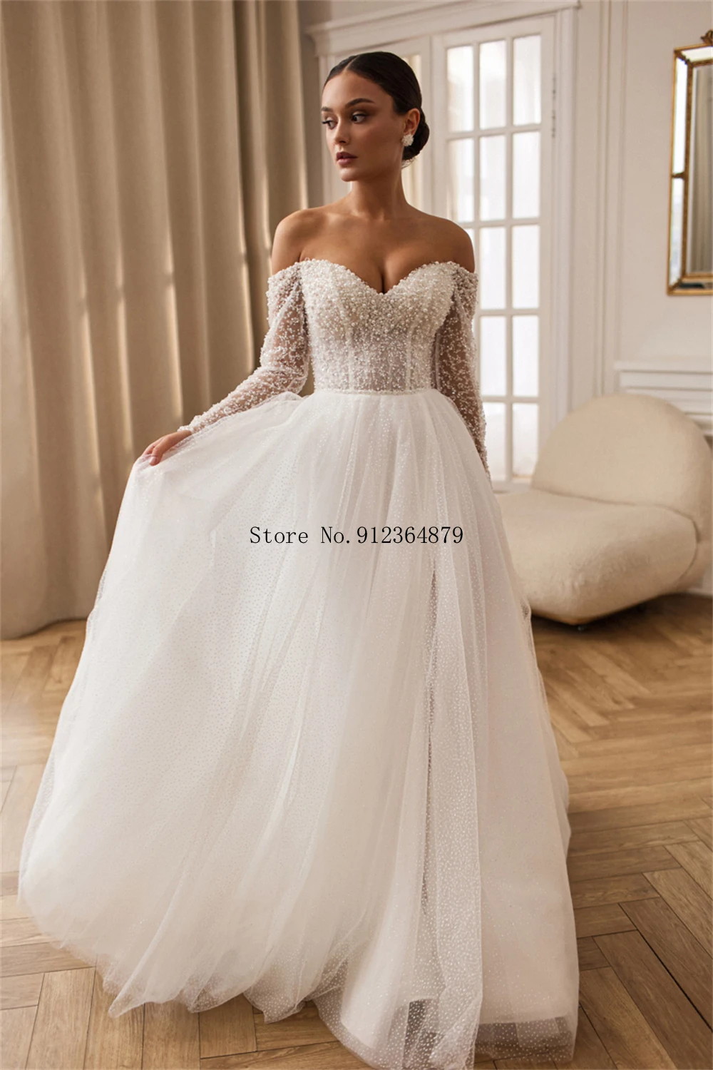 맞춤형 오프숄더 긴팔 진주 비즈 웨딩드레스 우아한 하이 슬릿 신부 드레스 여성용 화려한 웨딩 가운