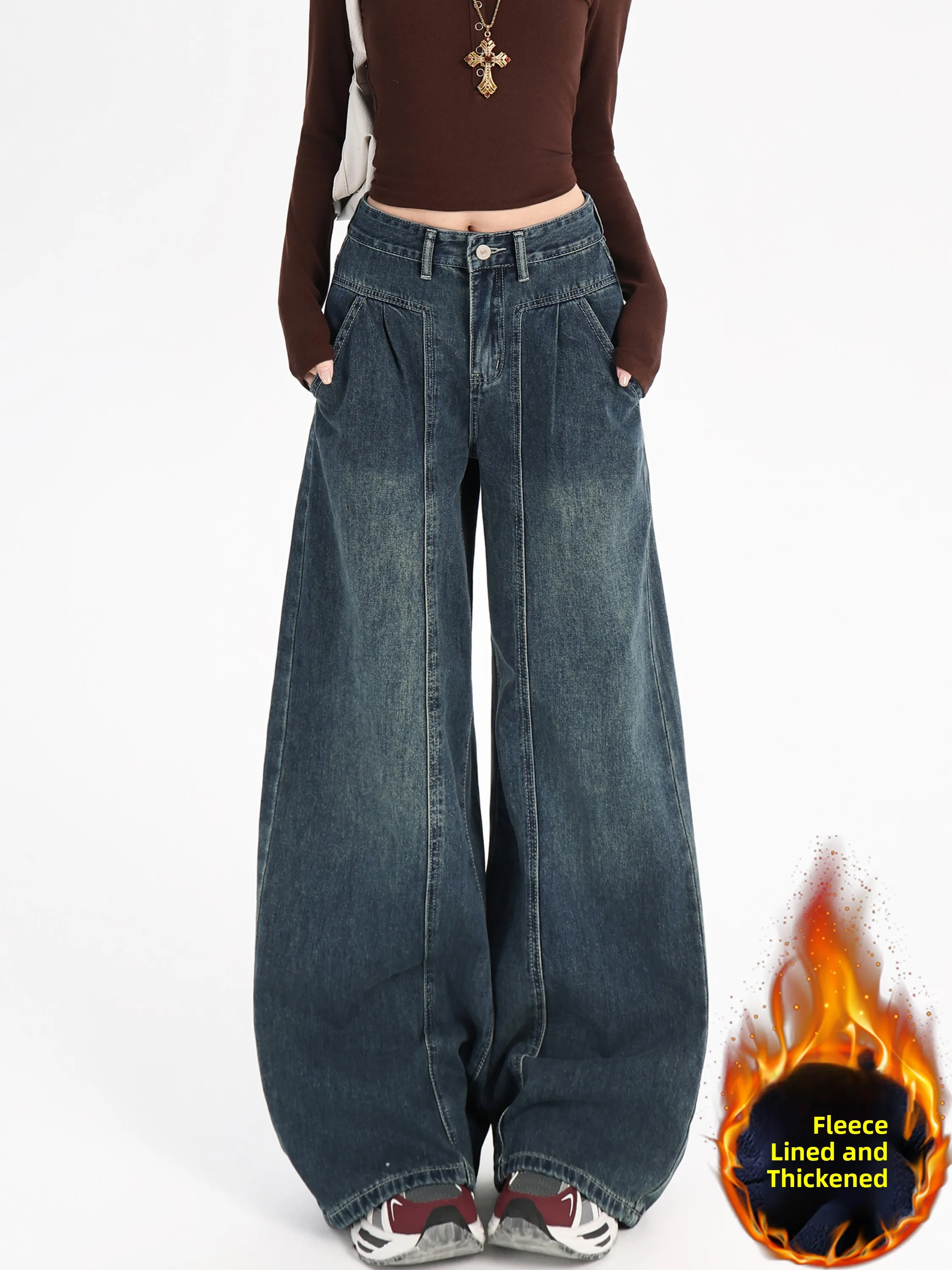 

Синие широкие джинсы с высокой талией на подкладке Fce, женские зимние новые джинсовые свободные брюки длиной до пола с завышенной талией