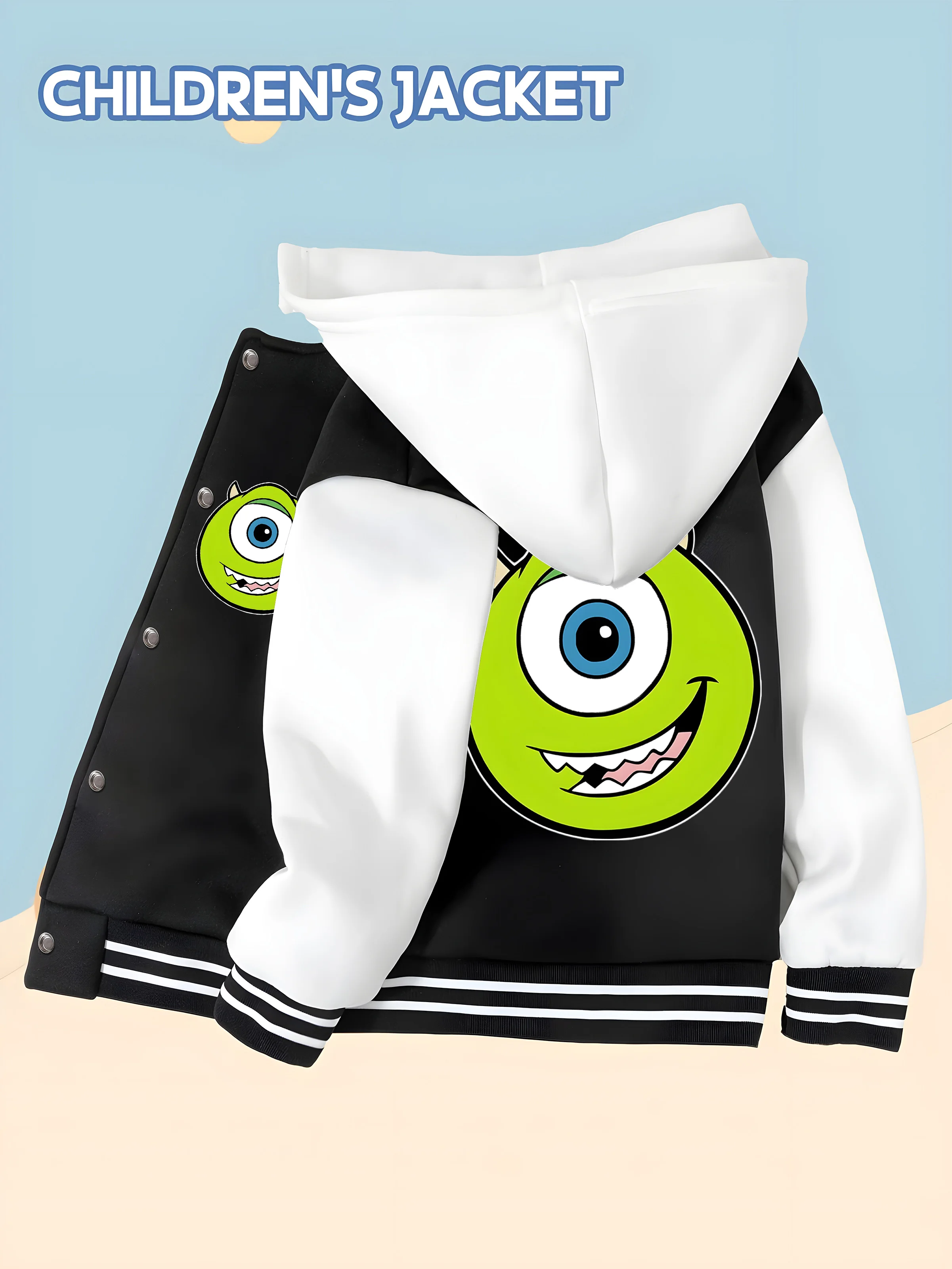

MINISO Disney Monsters, Inc. Boys' Baseball Jacket - Double-Sided Monsters University Print Soft Fabric for School Casual Trend