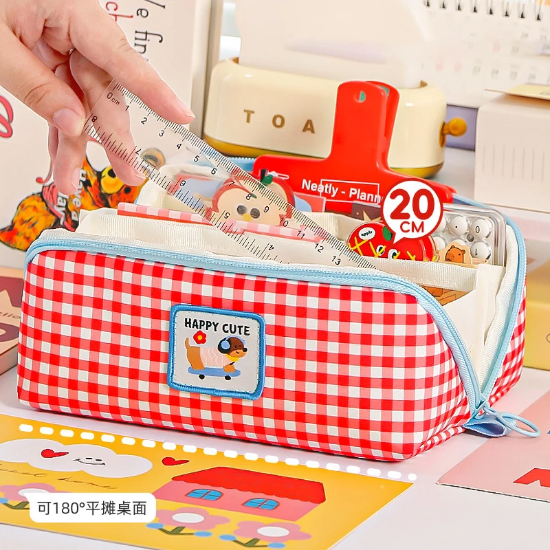 

Kawaii Cartoon Checkered Large Capacity pencil case Student School Desktop Storage Stationery Multi Layer Pen bag Kids Gifts