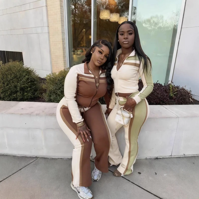 STYLOWY DAMSKI ZESTAW SPORTOWY PATCHWORKOWY 2-CZĘŚCIOWY: DAMSKA KURTKA Z DŁUGIM RĘKAWEM NA ZAMKIE BIEGOWE I SPODNIE Z SZARŻĄ, ZESTAW DLA NAJAZDÓW NA JESIEŃ 2025, CASUALOWE DRESY