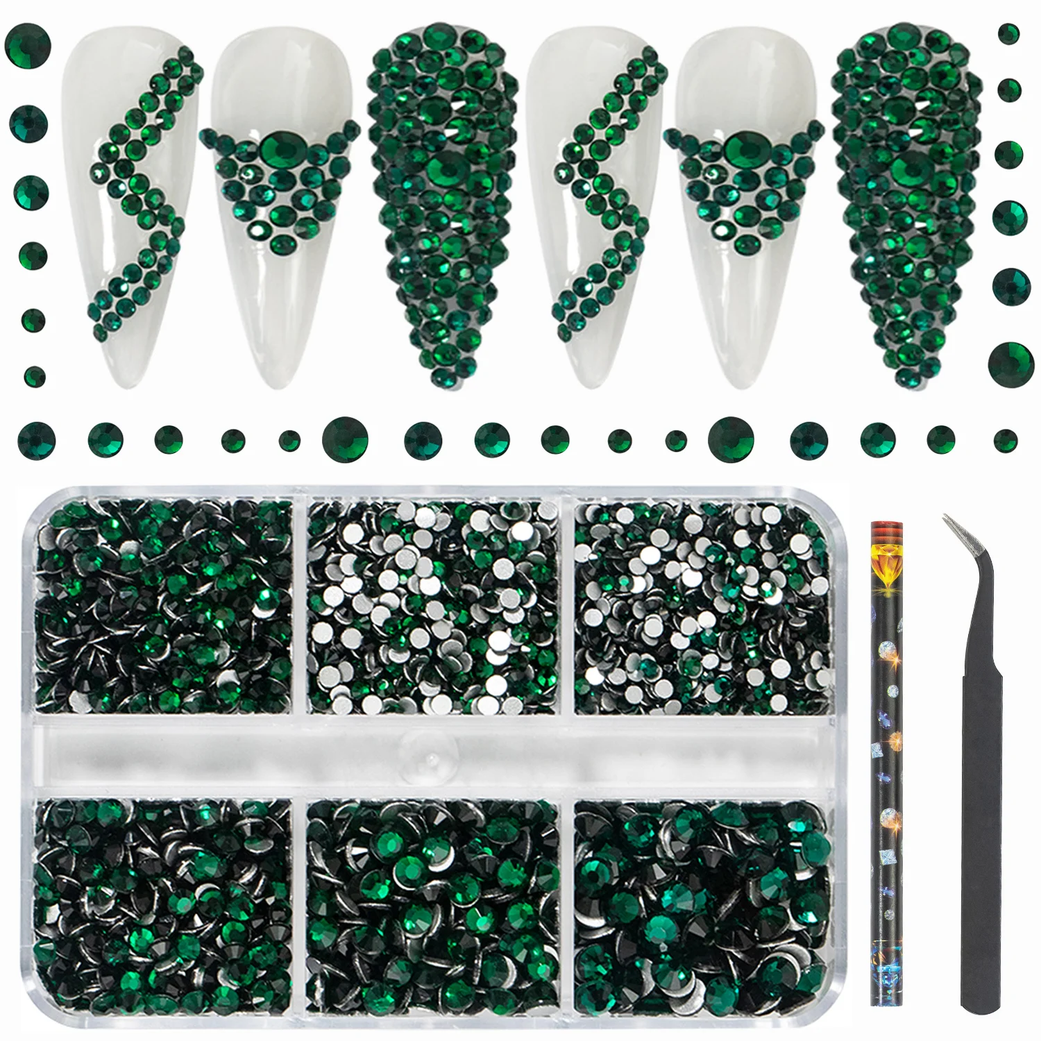 

HNUIX Luxury Shini 3D Diamond Dark green multi-size Nail Rhinestones Flatback Nail Charms Flat Bottom Crystals Nail Art 3D Decoration Gem Kit