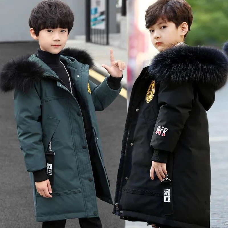 2025 New Long Style Winter Warm Boys Jacket Handsome Fur Collar Lining Thickened With Velvet Hooded Child Coat For Kids