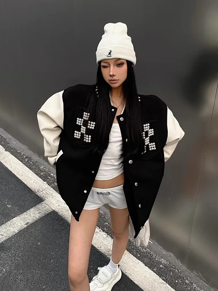 

Свободная женская бейсбольная куртка в уличном стиле, новинка ранней весны, с мозаичным цветовым дизайном, повседневное пальто, модный топ с пуговицами