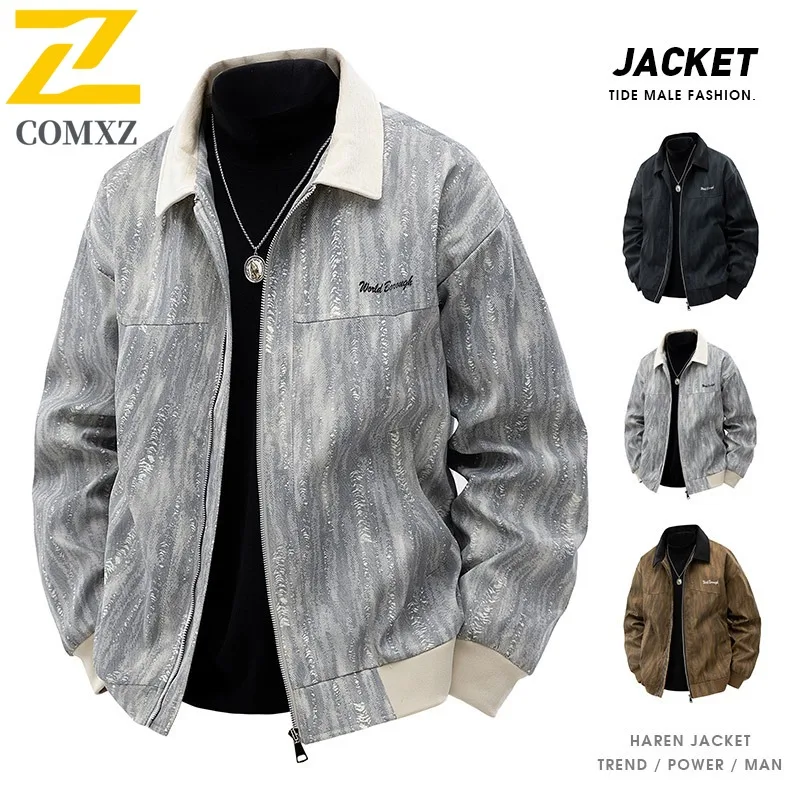 

COMXZ 2025 Spring Autumn Plus Size M 8XL Jacket Mens Turn Down Collar Vintage Loose Fit Hong Kong Style Fashion Coat