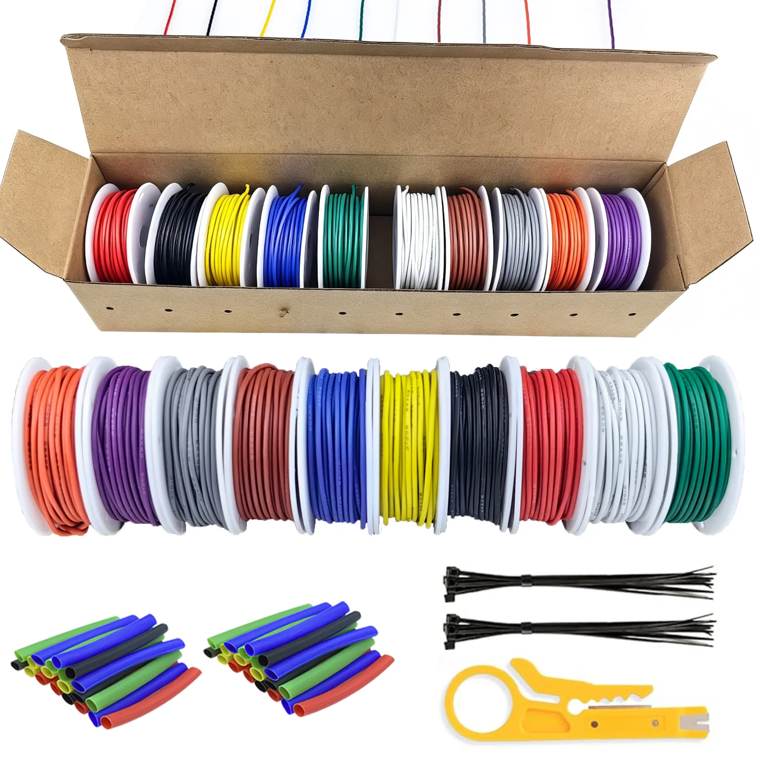 10 Colors in One Flexible Silicone Wire Kit with Tools, 16/18/20/22/24/26/28/30 AWG Stranded Tinned Copper Electrical Insulation Cable Hookup Wire Kit, Multi Gauge Wiring for Arduino, RC Cars, Boats, Drones and DIY Projects