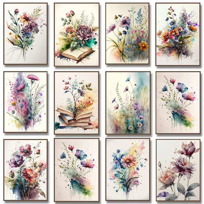Póster de flores en acuarela, ramo de rosas narcisos, pintura en lienzo, arte de pared abstracto moderno, imagen para decoración del hogar y sala de estar
