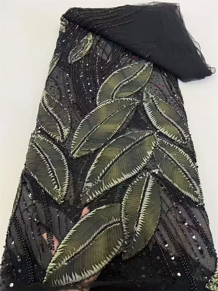 2025 Fashion Handmade Beads Embroidery Deep blue Lace Fabric African High Quality Sequins Guipure Lace Fabric Party Material