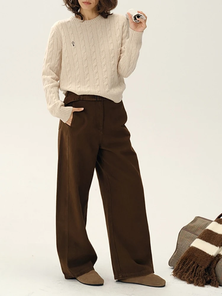 복숭아색 여성 니트 울 스웨터 봄 시즌 긴팔 라운드넥 풀오버 자수 트위스트 디자인 출퇴근 스타일 패션