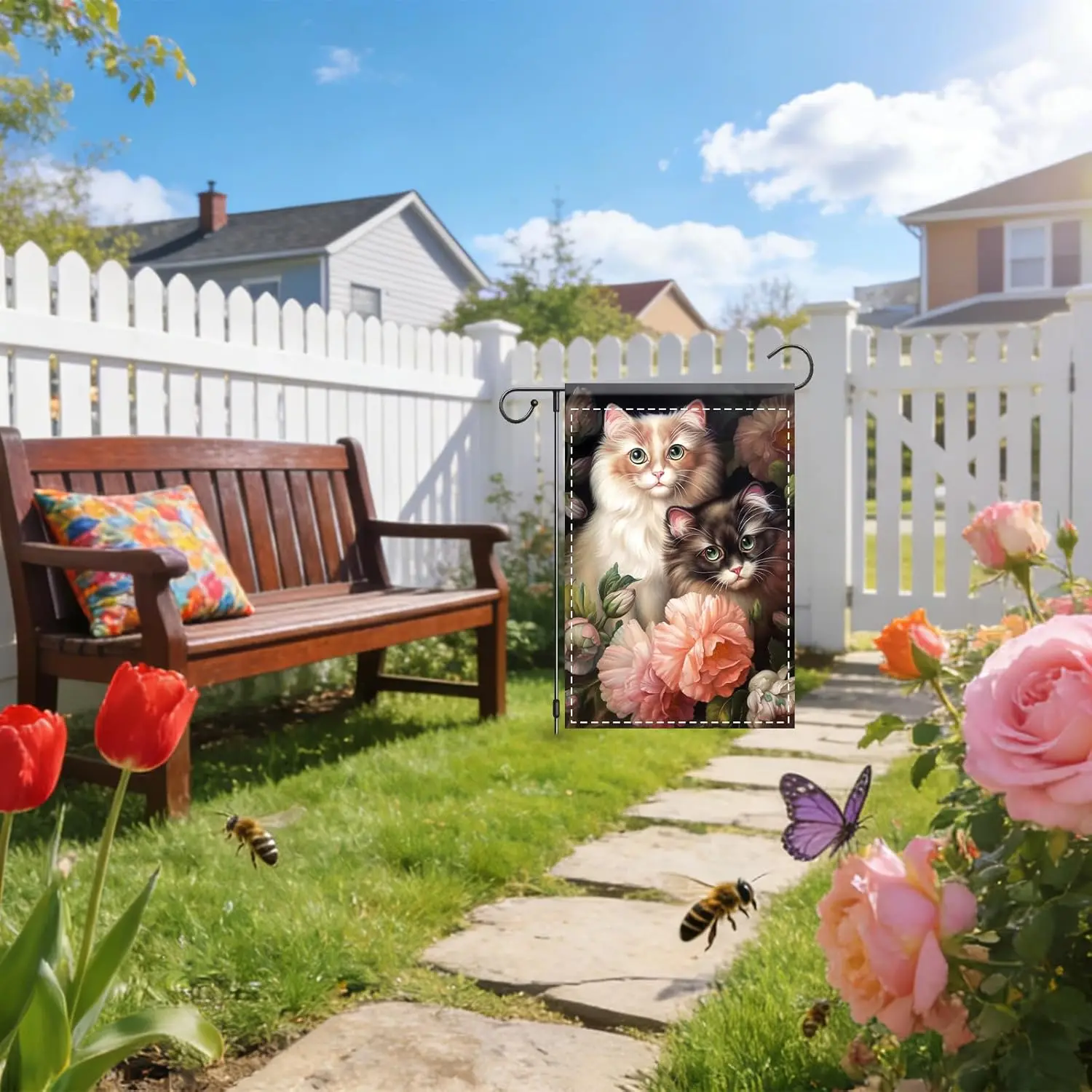 Nuxovilar Garden Flag Banner Cat Pair & Peony Design 12x18in Polyester Animal Flag for Outside Garden Yard Porch AAS