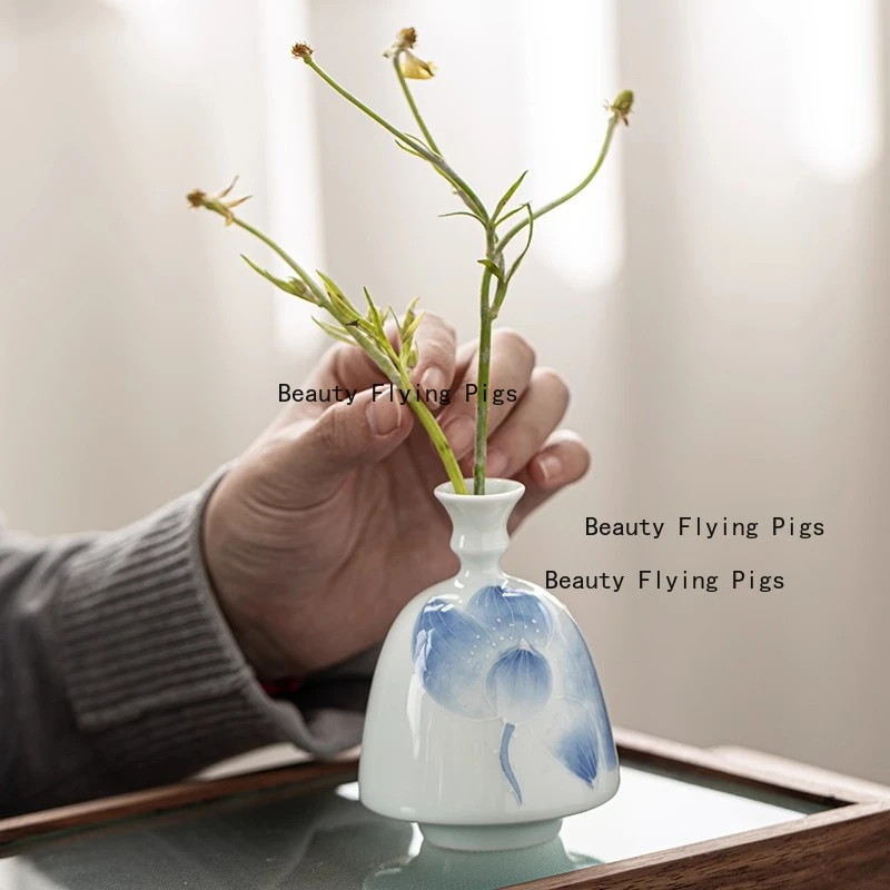 Ceramic Hand-painted Small Flower Vase Flower Planter Mini Bottle Mouth Vase Home Decoration Desktop Decoration Chinese Style