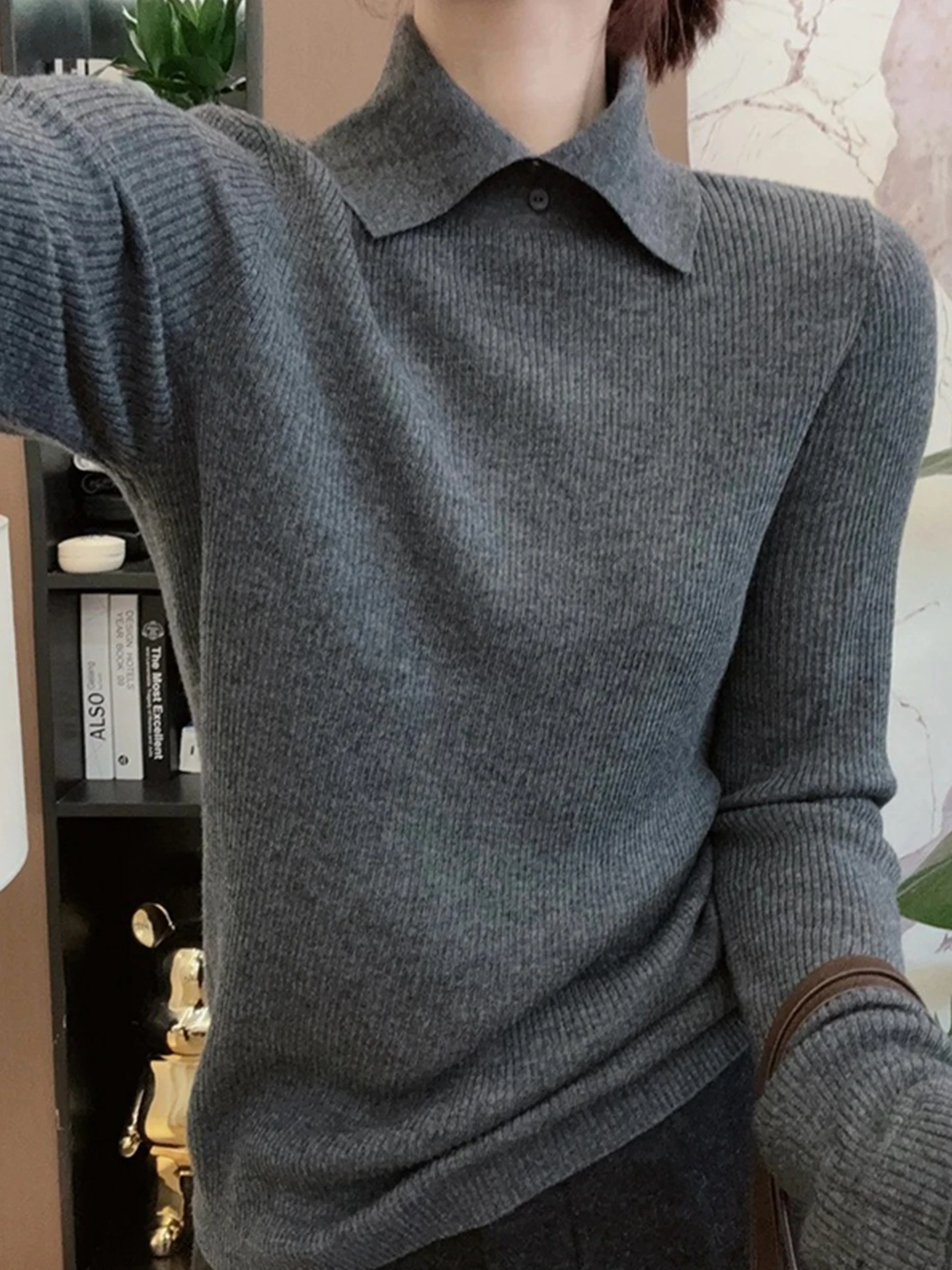 Koreaanse Sle Long Sve gebreide trui pure kleur kraag basislaag top dames faionable winter faion leeftijdsreductie