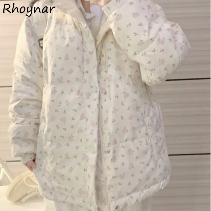 

Женские парки с цветочным принтом, милые девичьи воротники-стойки, бархатные, универсальные, хлопковые, зимние, повседневные, для студентов, в консервативном стиле, корейская версия