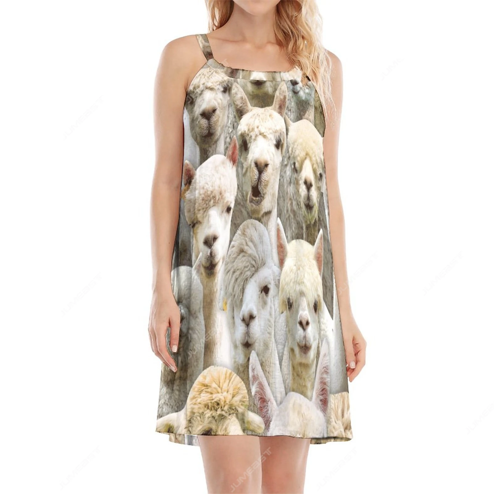 

Jumeast 3D Alpaca Printed Women Fairy Slip Dress Casual Kawaii Animal Floral Beach Sling Skirt Lolita Y2K Sexy Mini Clothing