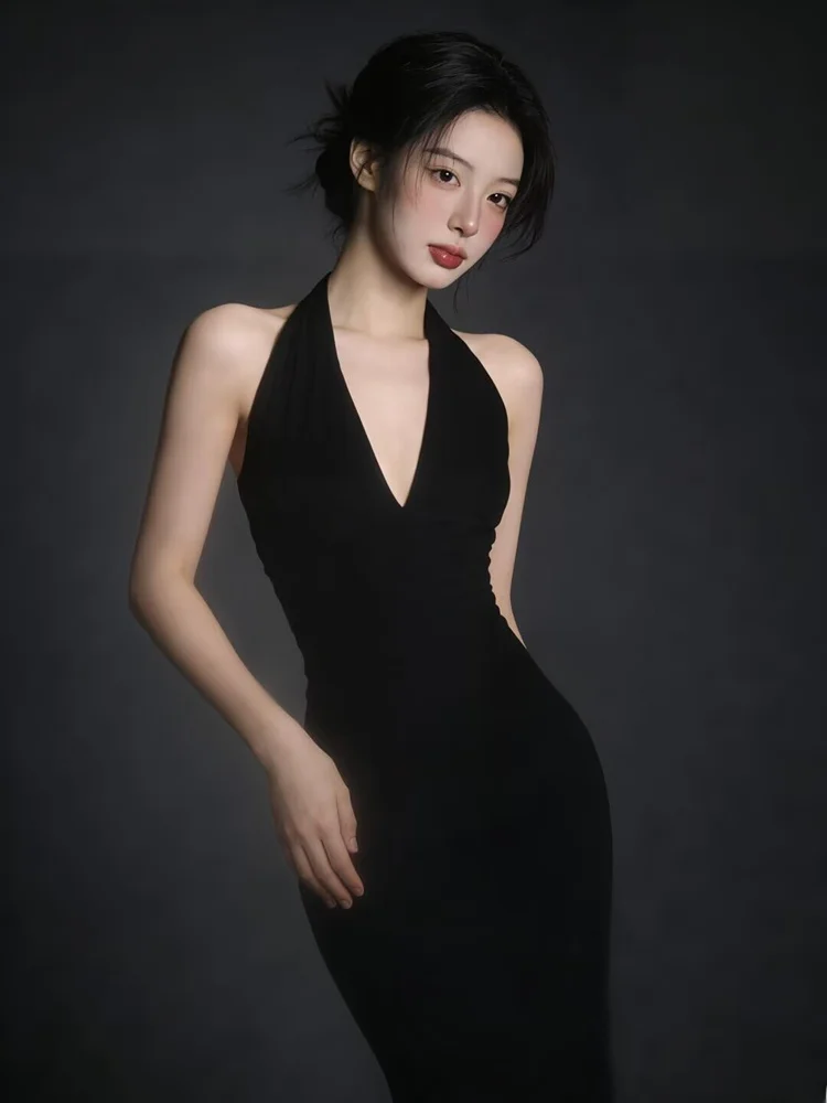 

Черное облегающее платье с завязками на шее для фотосессий, профессиональный костюм для портретной съемки в студии, новинка весны 2026, женская мода