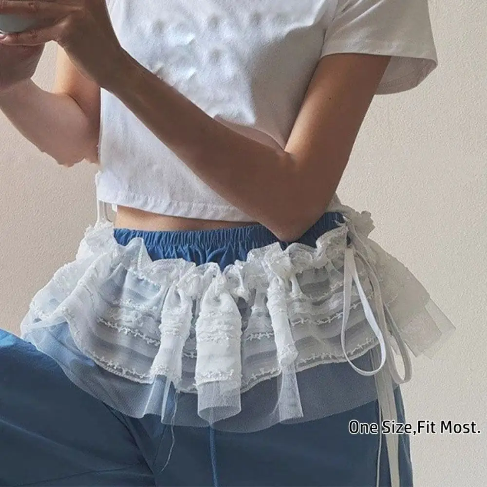 ใหม่ปักดอกไม้ลูกไม้กระโปรงมินิดูผ่าน Harajuku Lace Up Ruffles กระโปรง Y2K Streetwear ผ้าม่านกางเกงยีนส์ตกแต่ง