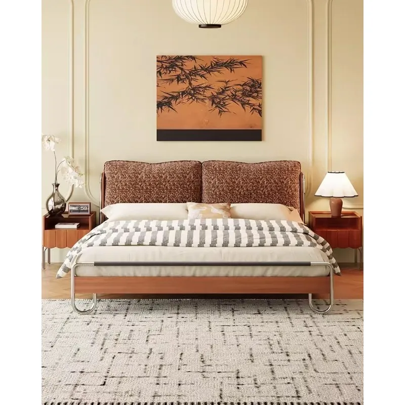 

French retro solid wood fabric bed