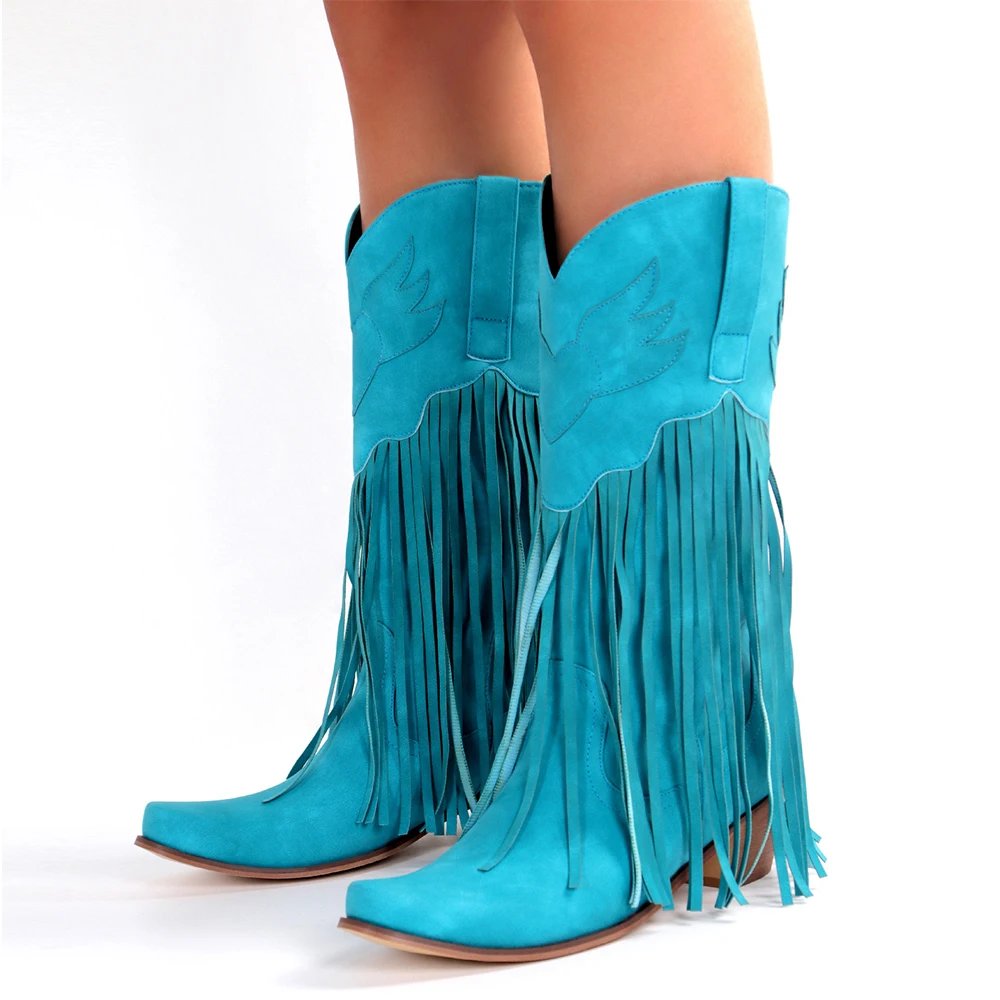 

AOSPHIRAYLIAN Western Tassel Fringes Cowboy Boots For Women 2023 Mid Calf Women's Chunky Heel Cowgirl Women's Shoes Boots