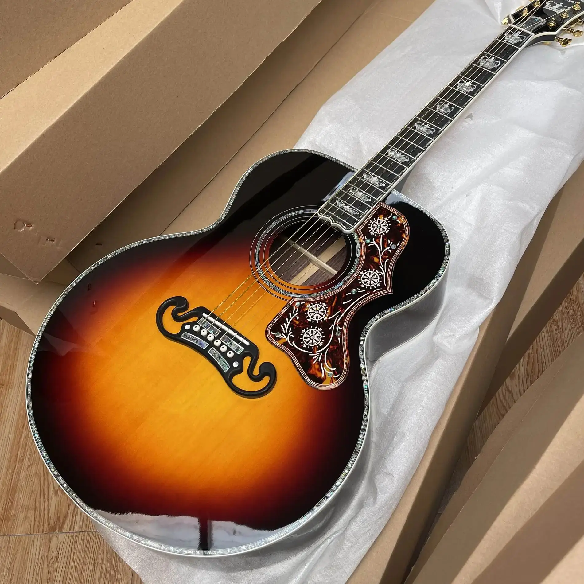 New 43# J200 KING Model Jumbo Acoustic Guitar All Solid Wood Bone Nut/Saddle Ebony Fingerboard/Bridge Real Abalone In Sunburst