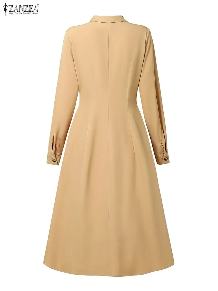ZANZEA 2025 Jesienna Elegancka Sukienka z Kołnierzykiem, Długi Rękaw, Sukienki Biurowe Damskie, Jednolita Plisowana Sukienka Letnia, Stylowa Sukienka Midi z Podkreśloną Talia, Vestido