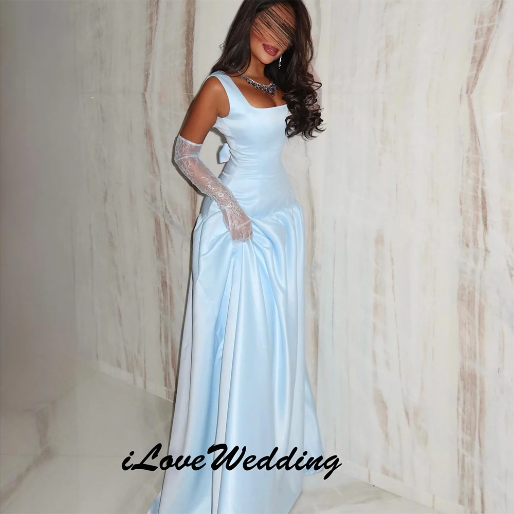 

A-line Satin Prom Dresses With Sleeve Square Collar Bow Back Evening Gown Long Formal Occasion Dress robes de soirée Customized