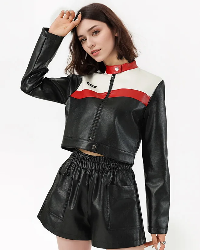 Jaqueta de couro feminina com emenda de cor contrastante jaqueta de couro PU, jaqueta de couro de motocicleta picante para meninas