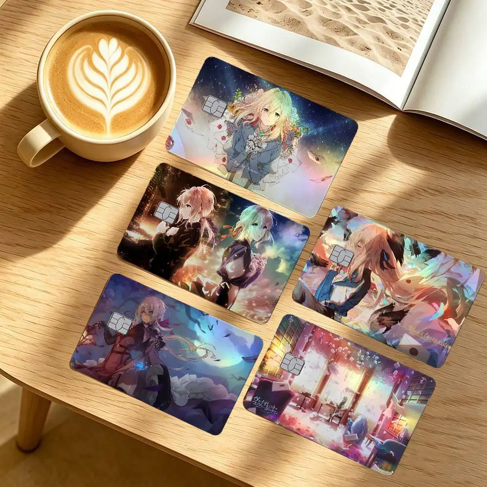 Violet Evergarden 4Pcs/Set Holographic Laser Credit Card Stickers Iridescent Waterproo Fits All Standard Bank Cards