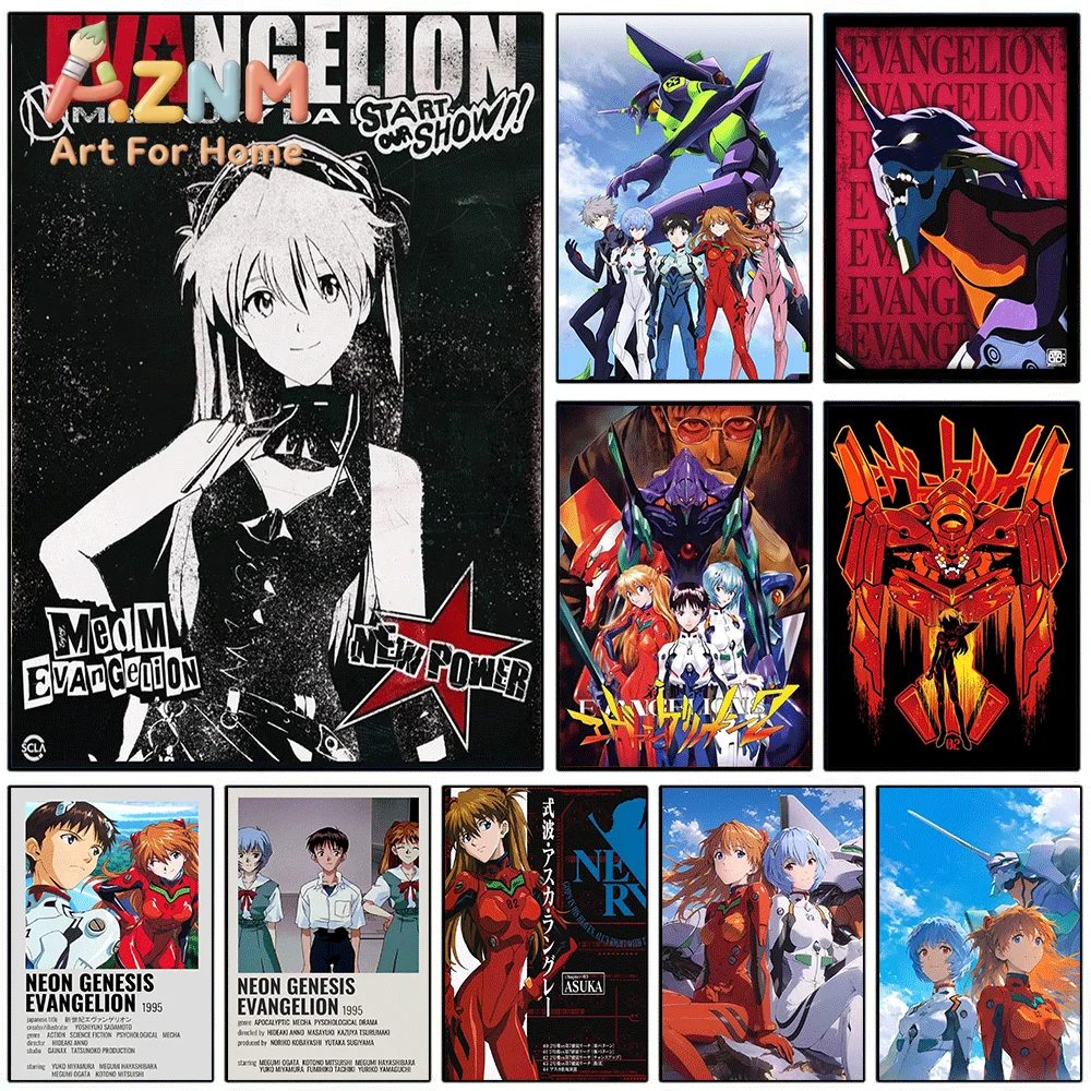 Neon Genesis Evangelion Anime Canvas Wall Art, Asuka Langley EVA Unit 01 Retro Black White Poster, Unframed Canvas Painting fo