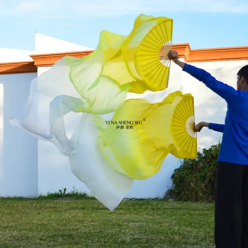 

Бамбуковые ребрышки для левой и правой руки, 100% шелковые веера для танца живота, пара градиентных двухцветных длинных вееров, унисекс, высококачественные веера для выступлений