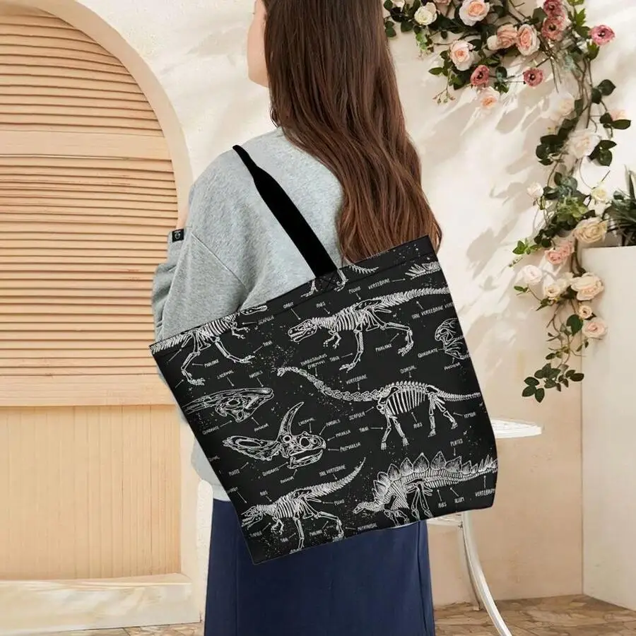 

Dinosaur Skeleton Tote Bag For Paleontology Lovers Vintage Science Design Casual Tote For Adults