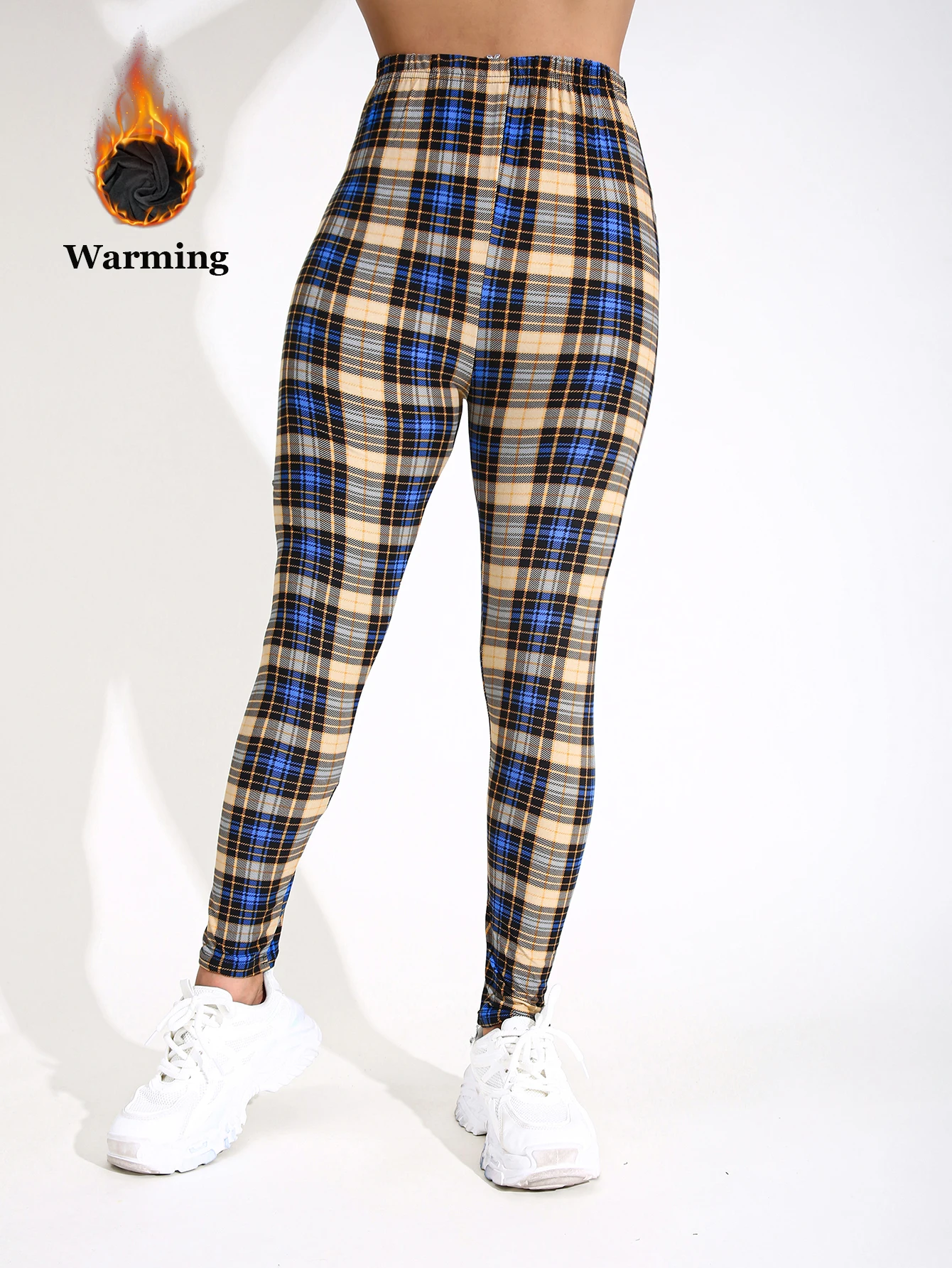 

Autumn Winter 1PACK Women's Blue Checkered Plush Thick Sexy Tight Legging Casual Sports Elegant Fitness Yoga Pants