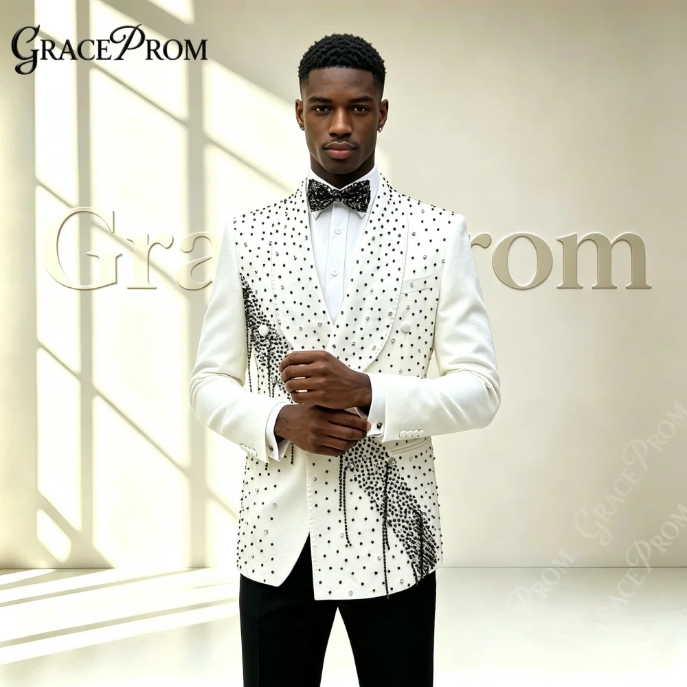 Premium Black Rhinestone Men Tuxedo 2 PCS Shawl Slim Fit Formal Suit Sets Beaded Tassel Design Wedding Groom Prom Party S‑3XL