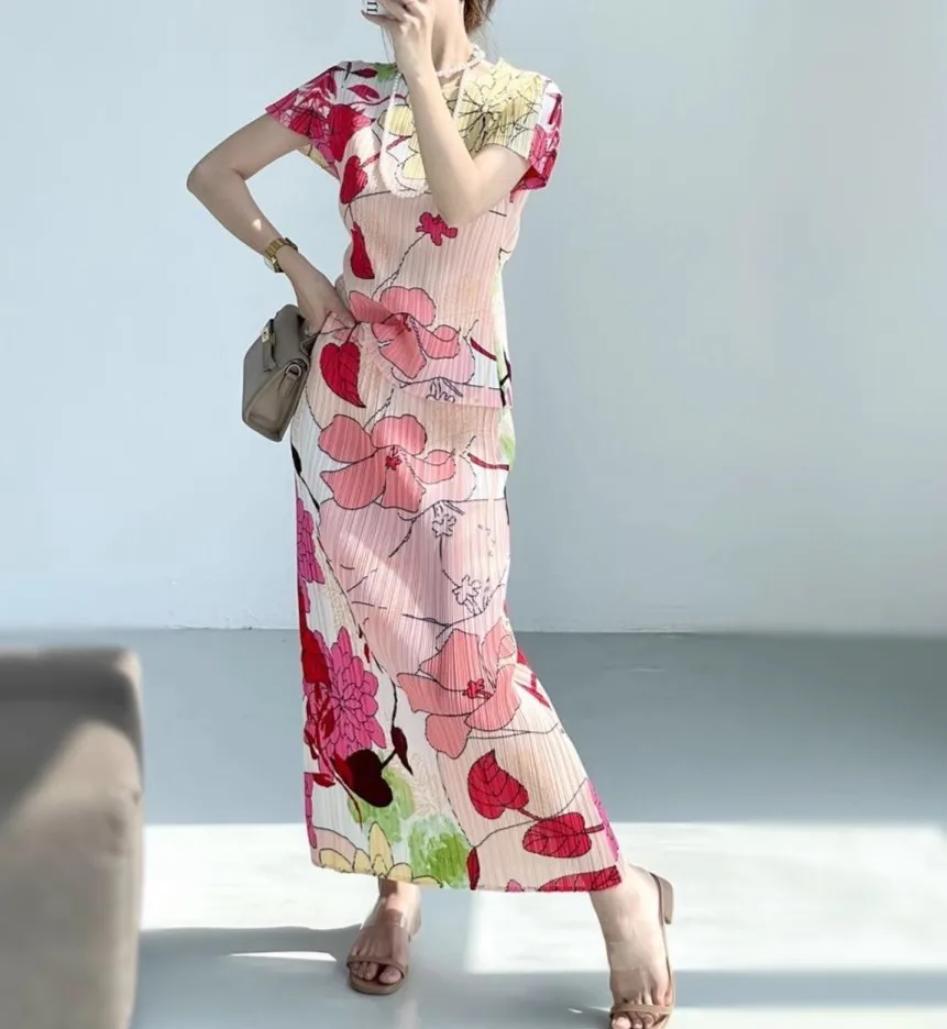 2 Pieces Woman Summer Elegant Floral Print Short Sleeve Stretched Blouses Shirts Tops And Pleated Ladies Party Skirts Suits NZ42