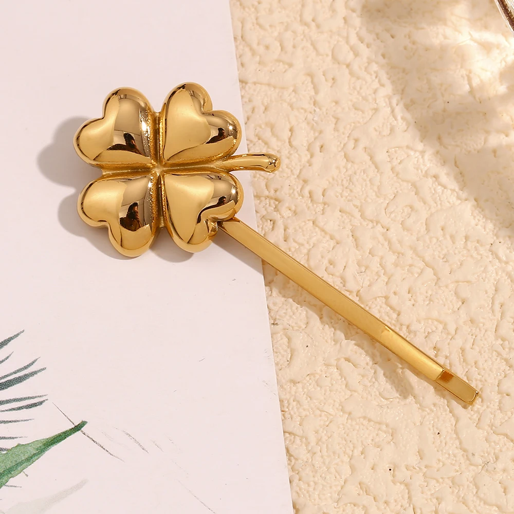 E.B.belle Clover Shaped Hair Clip Tarnish Free Hypoallergenic 18K Gold Plated Hairpin 316L Stainless Steel Accessories