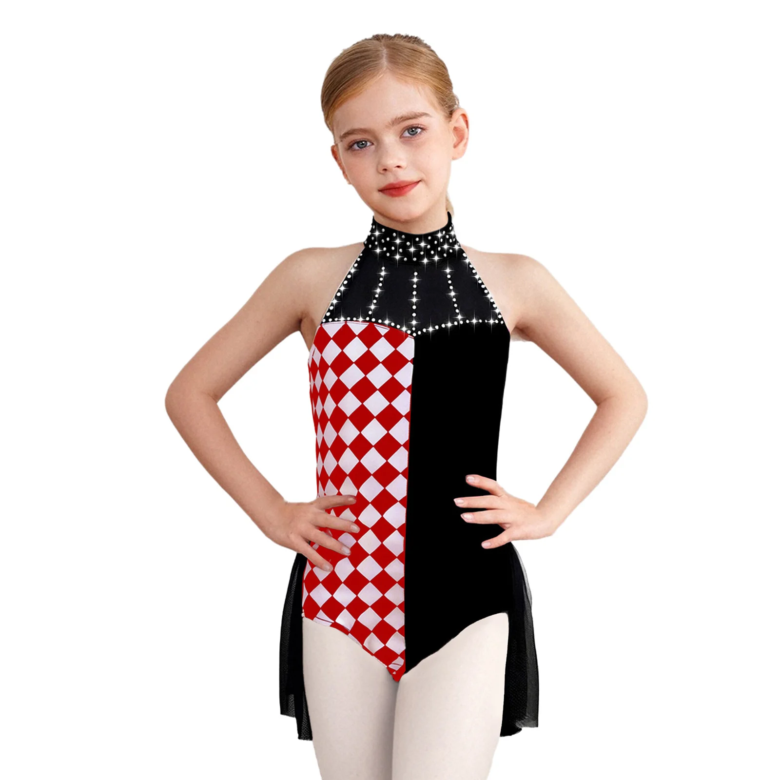 

Kids Girls Party Clown Cosplay Costume Color Block Rhinestone Halter Sleeveless Mesh Overlay Leotard Jumpsuit for Ballet Dance