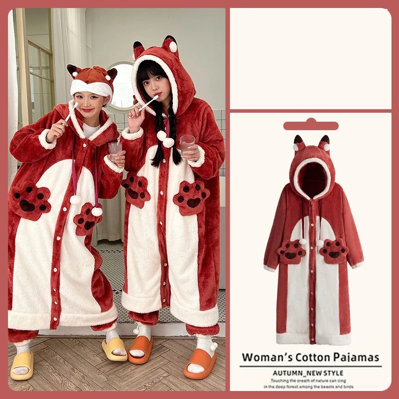 Winter Women\'s Nightgown Cartoon Foxs Ladies Night Wear Women Pajamas Gown Cloak Robe Nightgown+Pants Coral Fleece Robes