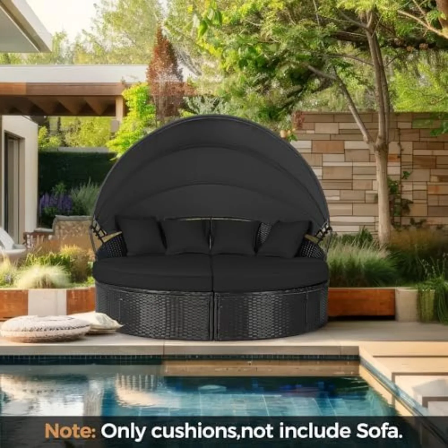 66-Inch Outdoor Patio Canopy Bed Round Daybed Replacement Cushions, 4-Piece Clamshell Sectional Seating Wicker