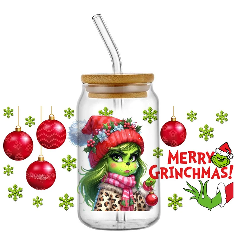 Miniso Christmas cartoon Uv Dtf Cup Wraps for 16 oz Green Christmas Rub on Transfers for Crafting, Cute Uv Dtf Decals