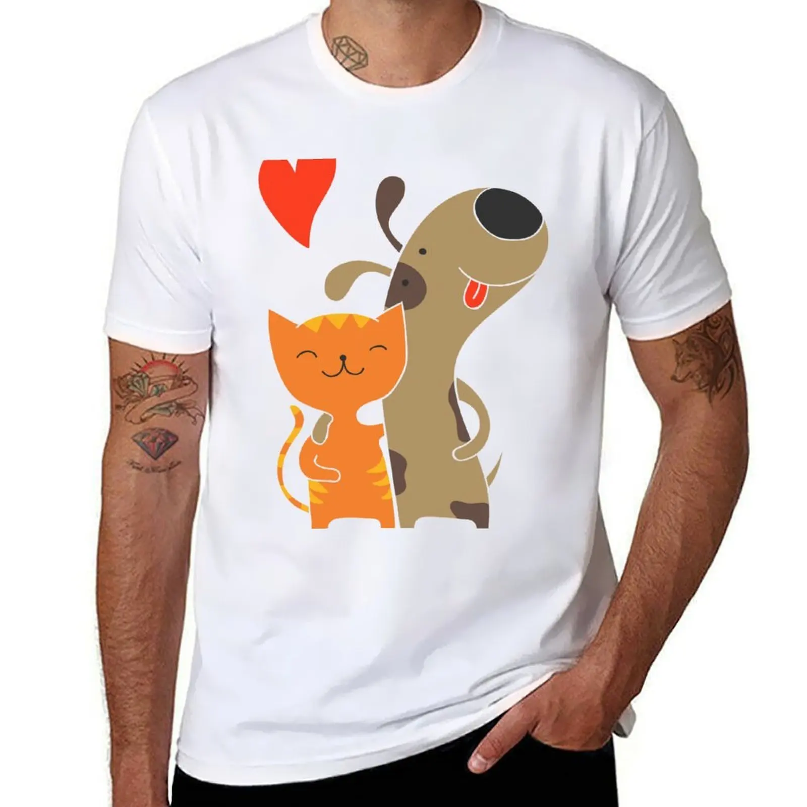 

Cat and dog friendship T-Shirt cotton t shirts high quality funny t shirts cotton printed t shirts for man T-shirt