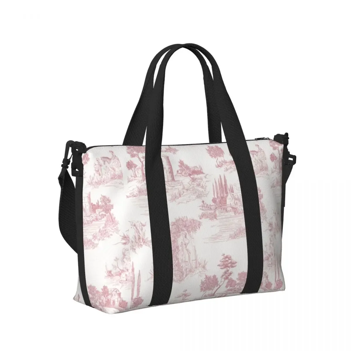Custom Vintage Toile De Jouy Tote Bag Women Large Capacity Blush Pink White Beach Gym Travel Bags