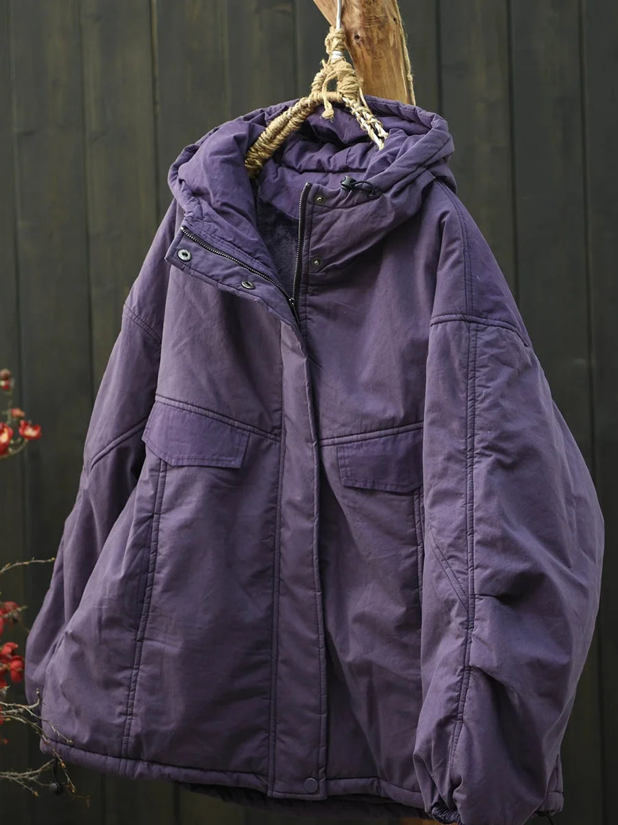 

Warm Fleece Lined Cotton Hooded Jacket Women's Loose Winter New Style Commute Artistic Thickened Long Sleeve Zipper Pure Color