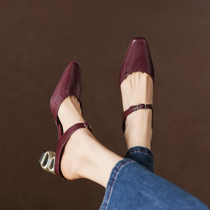 

Women's new summer leather sheepskin round toe high-heeled shoes with elastic metal buckle, M ü ller shoes, fashion slippers