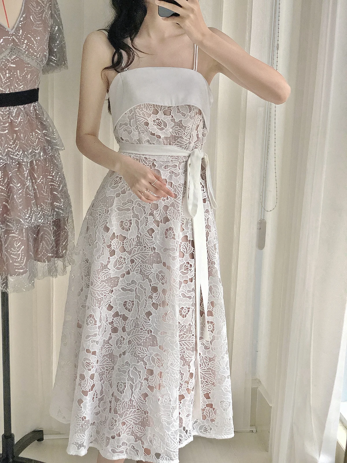 

Lace Detail Midi Dress Elegant A-line Camisole Long Dress Sleeveless High Waist 2024 Spring/Summer New in Woman Clothing