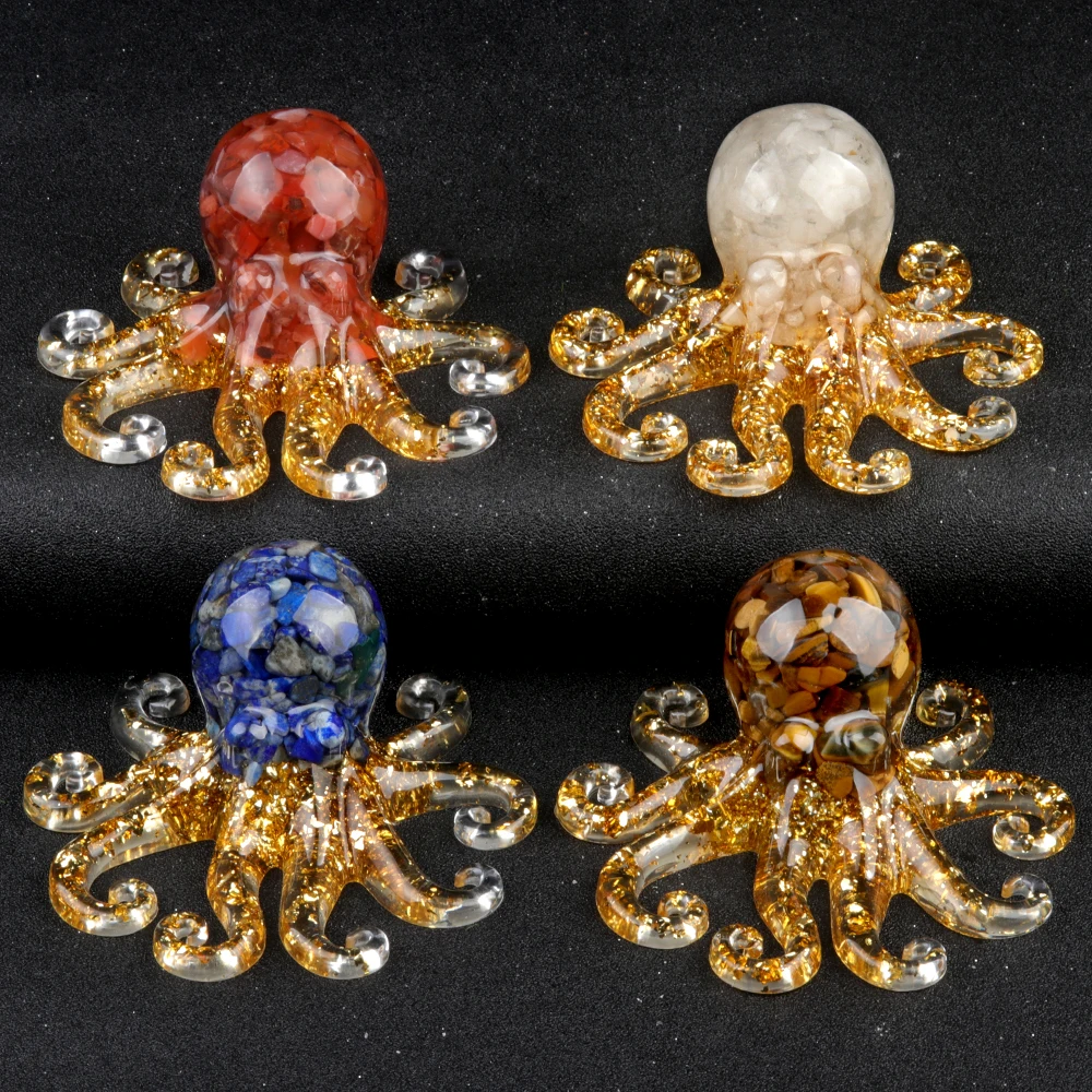 Natural Crystal Agate Stone, Crushed Stone, Adhesive Resin, Octopus, Squid Tabletop Landscape Ornaments, Home Crafts Daily Gifts