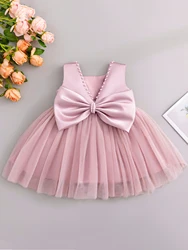 Princess Flower Girls Dresses Pink Sleeveless Bow Satin Wedding Kids Dresses With Pearl For Baby Girls