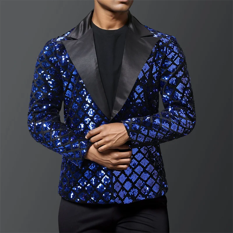Mode hommes luxe sequin Plaid costume manteau or / argent chanteur hôte scène partie robe ample costume manteau