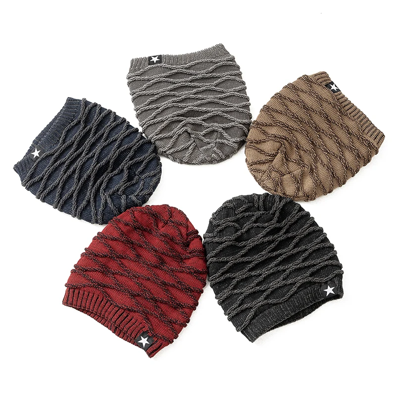 New Unisex Slouchy Winter Hats Add Fur Lined Men And Women Warm Beanie Cap Casual Five-pointed Star Decor Winter Knitted Hats